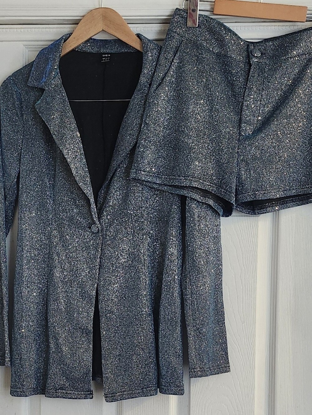 Women's Blazer & Short Set In Glittery Slate Blue With Silver